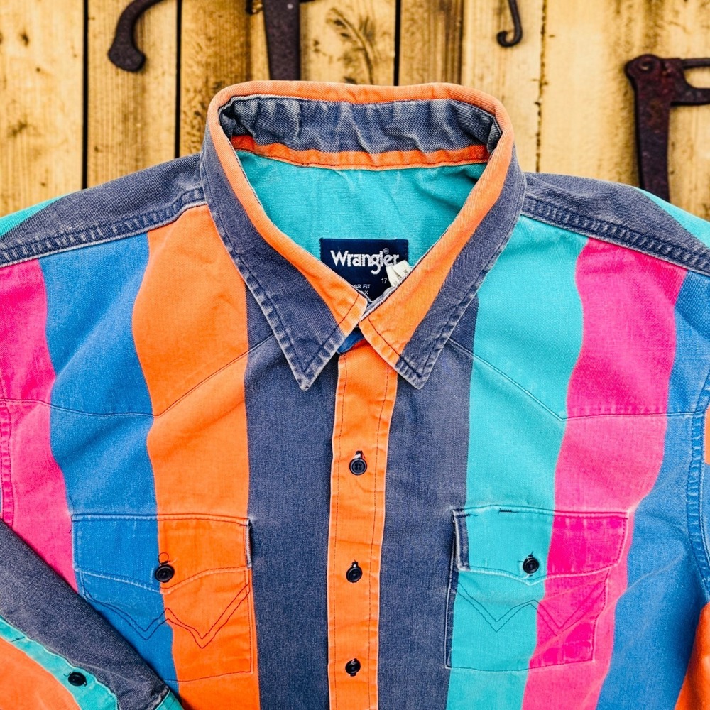 Vintage Wrangler Brushpopper Western Shirt Mens XL Striped Pink Teal Orange USA